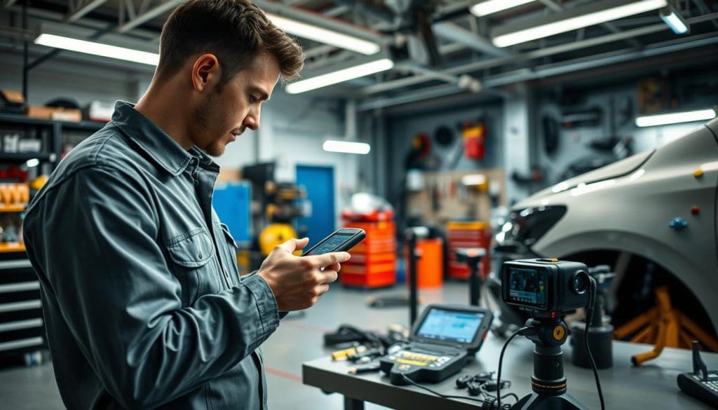Technician using diagnostic equipment and smartphone in a vehicle repair shop, assessing damage with advanced technologies and tools for vehicle damage evaluation.