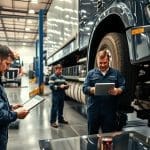 Technicians assessing vehicle damage in a fleet repair shop, using tablets and tools for evaluation.