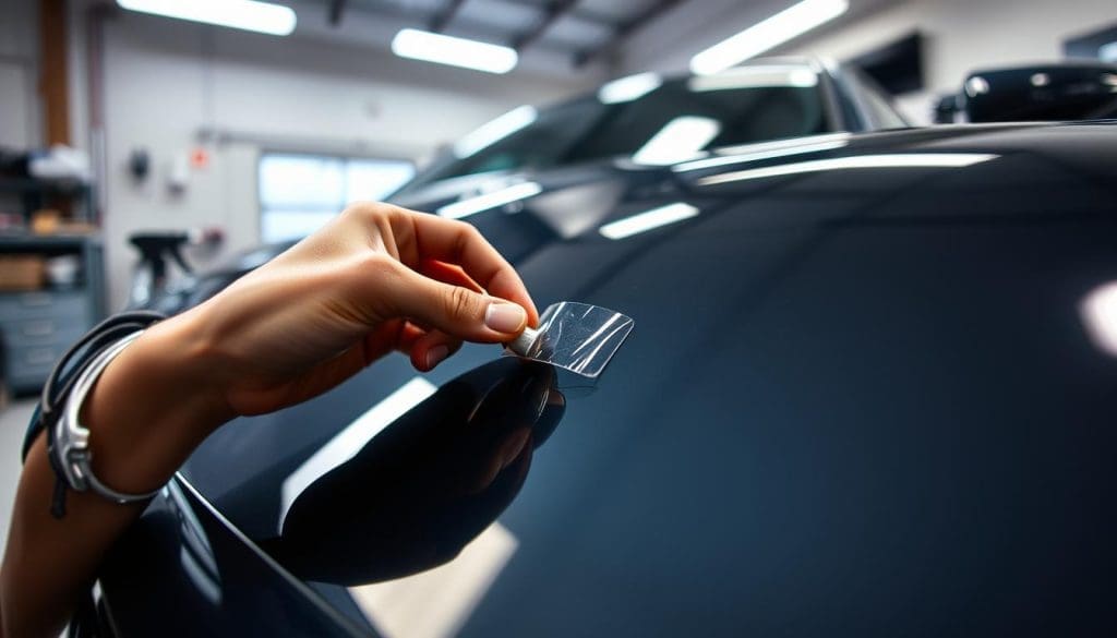 Hand applying paint protection film to a black car surface in a professional auto body shop, emphasizing advanced vehicle protection technologies.