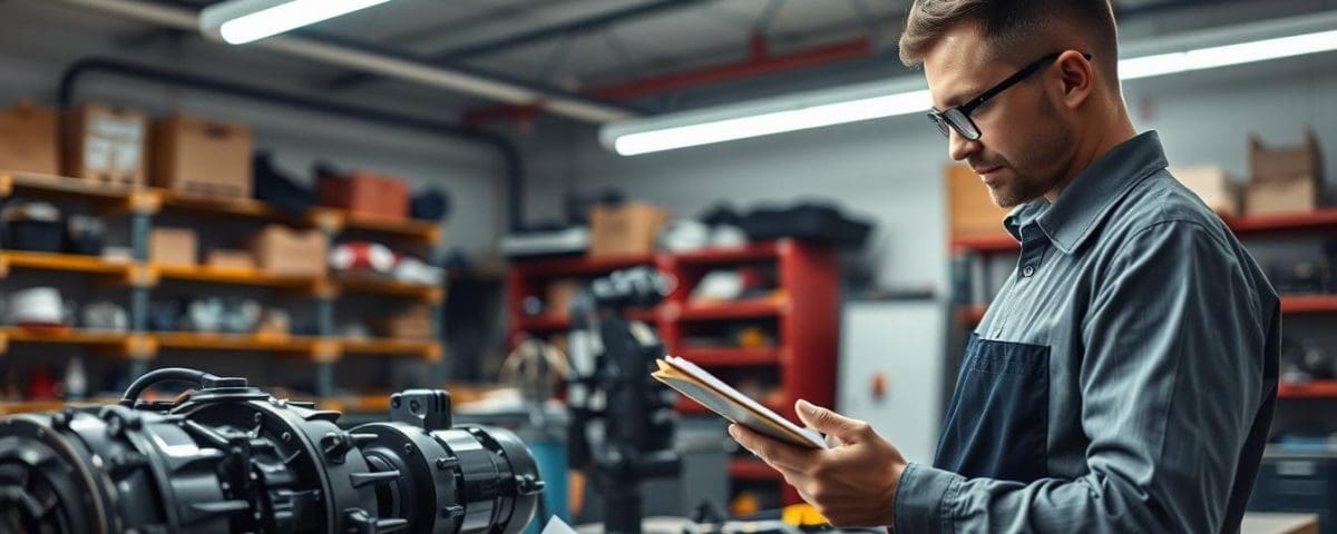 Technician reviewing quality control checklist in auto repair shop, with vehicle parts in background, emphasizing collision repair services at Miracle Body and Paint.