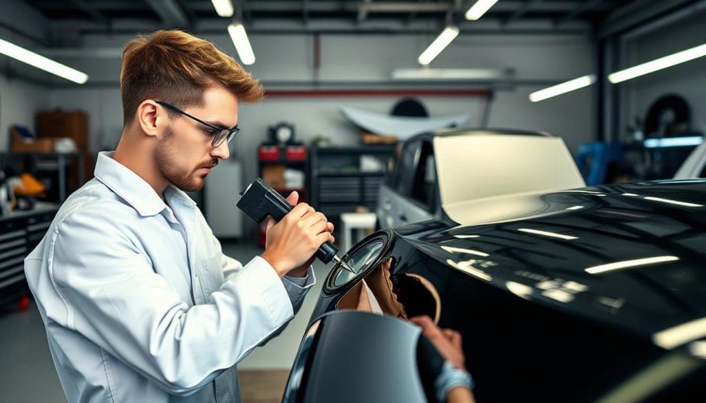 quality control collision repair process Technician inspecting vehicle surface for quality control in collision repair at Miracle Body and Paint.