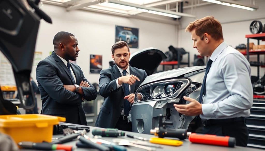 quality control collision repair training Three professionals in suits discussing quality control in collision repair, with a vehicle's front end visible, surrounded by tools and equipment in an auto body shop setting.