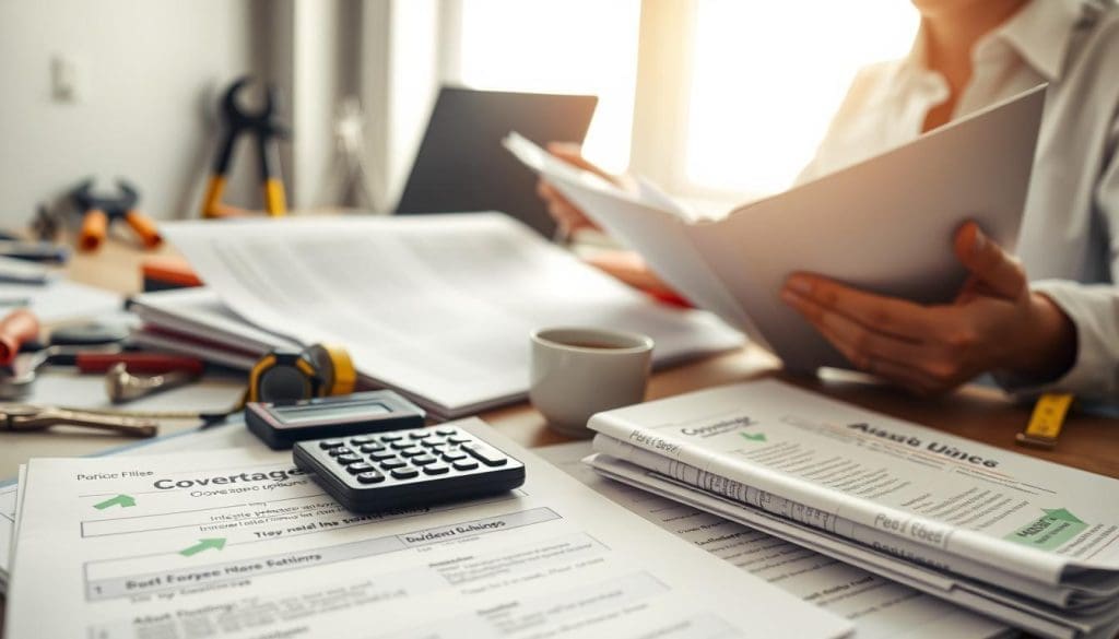 repair savings Person reviewing insurance documents and calculations at a desk with tools, emphasizing coverage options and repair savings.