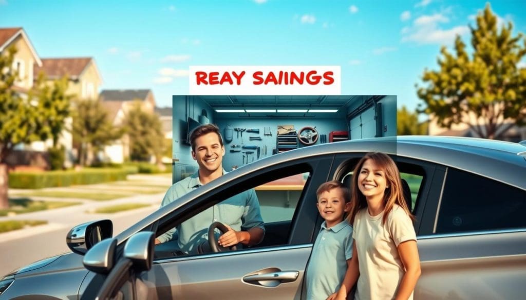 repair savings Family smiling next to a car, promoting savings on auto repairs, with a garage background suggesting collision repair services, emphasizing the benefits of vehicle safety features.