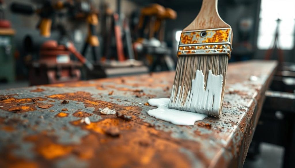Brush applying protective coating over rusted metal surface, emphasizing corrosion prevention and maintenance in auto body repair context.