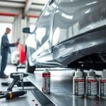 Auto body repair technician applying rust prevention spray under a vehicle, showcasing tools and products used for maintaining vehicle integrity at Miracle Body and Paint Collision Center.