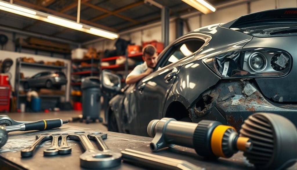 Car repair technician working on a damaged vehicle in an auto body shop, with tools and equipment visible, illustrating storm damage repair services.