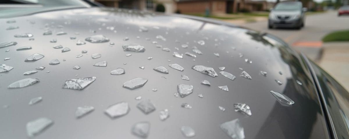 Close-up of a car hood with water droplets and shattered glass pieces, illustrating storm damage relevant to vehicle repair services in San Antonio.