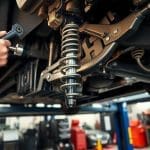 Technician inspecting vehicle suspension system with tools in auto repair shop, highlighting importance of frame damage detection for vehicle safety.