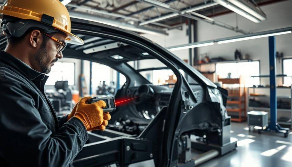 Technician using laser measurement tool on vehicle structure in collision repair shop, emphasizing precision for structural integrity and safety.