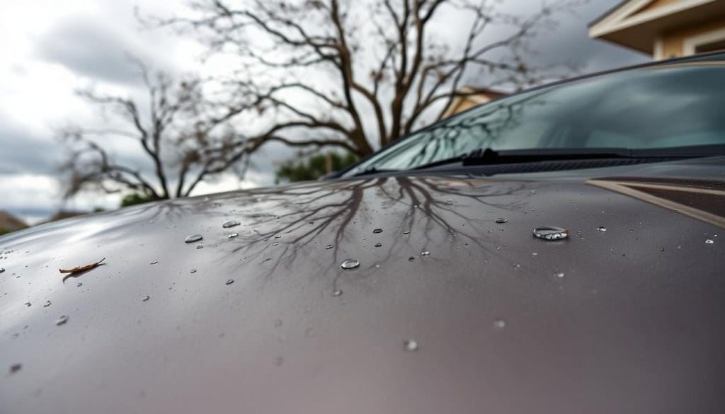 Close-up of a car hood with water droplets and a fallen leaf, reflecting tree branches and cloudy sky, highlighting potential wind damage risks in San Antonio weather.