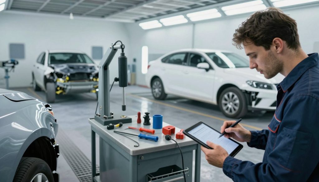 A detailed, step-by-step visual guide to the collision repair process within an auto body shop. In the foreground, a technician in professional attire carefully examines a damaged car, documenting the dents on a tablet. The middle layer showcases various repair equipment like a frame machine, dent pullers, and paint booth, with tools organized on a bench, demonstrating an active workflow. The background features a well-lit auto body shop, with other repair vehicles in the process of being worked on. The scene is illuminated with bright overhead lights, creating a clean and informative atmosphere. The angle captures both the technician's focused expression and the array of tools, emphasizing precision and professionalism in collision repair.