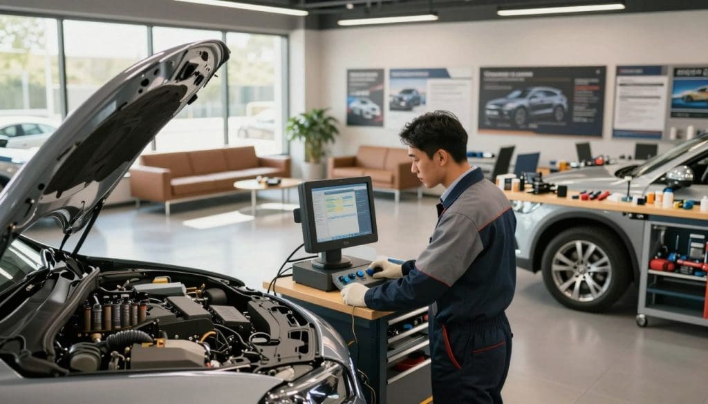 A modern auto repair shop interior featuring a streamlined vehicle repair process. In the foreground, a mechanic in professional business attire is working on a car with advanced diagnostic equipment, displaying focused concentration. The middle ground includes organized tools and spare parts on a well-lit workbench, showcasing a clean and efficient workspace. The background shows a large window with natural light streaming in, illuminating a relaxed waiting area with comfortable seating and informational materials about car repairs. The overall atmosphere conveys professionalism, efficiency, and a sense of calm, with warm lighting enhancing the inviting ambiance. Use a wide-angle lens to capture the entire scene, emphasizing both the details of the repair work and the welcoming environment.