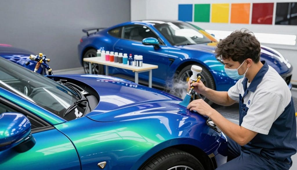 A professional automotive paint shop, showcasing vibrant custom auto painting solutions in action. In the foreground, a skilled technician in a clean uniform carefully applies a glossy finish to a sleek sports car, highlighting intricate brushwork on a vivid blue and metallic green gradient. The middle ground features painted cars on workbenches, with spray guns and paint samples neatly arranged. The background captures bright studio lighting reflecting off painted surfaces, giving a polished atmosphere, with a variety of colors displayed on walls. A subtle sheen in the air from paint mist adds to the creative ambiance, evoking a sense of artistry and precision in vehicle restoration. The entire scene should feel lively and inviting, showcasing the expert craftsmanship involved in auto painting and finishing touches. Professional technician applying custom auto paint in vibrant blue hues at an automotive paint shop, showcasing advanced painting techniques and color options for vehicle restoration.