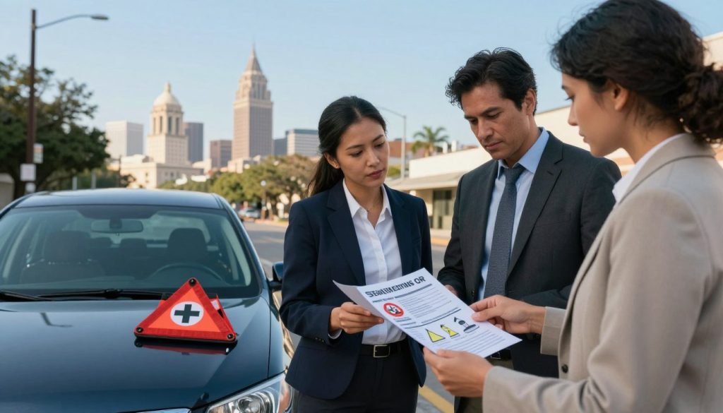 A serene street scene in San Antonio, showcasing essential car accident prevention tips. In the foreground, a diverse group of three individuals, dressed in professional business attire, are examining a well-organized safety pamphlet filled with graphics representing safety measures like seatbelt use, reflective triangles, and emergency numbers. In the middle ground, there’s a parked car with visible safety kits and a first aid kit displayed on the hood. The background features a clear blue sky and the iconic San Antonio skyline, gently illuminated by soft afternoon sunlight, creating a calm and reassuring atmosphere. The scene captures a sense of preparedness and community awareness, emphasizing road safety and vigilance. The image should be composed with a balanced angle, focusing on the interaction among the individuals.