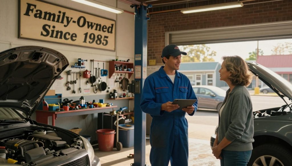 A warm and inviting scene of a local auto repair shop, embodying family and community trust. In the foreground, a friendly mechanic, wearing a blue jumpsuit and a cap, is chatting with a satisfied customer—a middle-aged woman in casual clothing—while inspecting a car. In the middle, the workshop is bustling with activity, showcasing tools and parts, with a sign that reads "Family-Owned Since 1985" prominently displayed on the wall. In the background, a welcoming exterior of the shop with a classic brick façade and large windows showing a vibrant neighborhood. Soft afternoon sunlight spills through, creating a golden glow that enhances the friendly atmosphere. The overall mood is communal and trustworthy, illustrating a local auto repair shop rooted in family values and community loyalty.