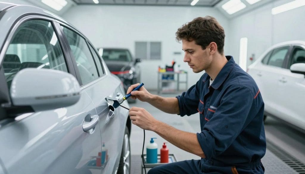 A well-lit auto body repair shop showcasing a professional mechanic skillfully painting a vehicle. In the foreground, the mechanic, dressed in a professional uniform, applies a sleek coat of paint to a car's door, highlighting the precision of their work. The middle ground features various auto repair tools and paint equipment neatly organized, emphasizing an atmosphere of professionalism and attention to detail. In the background, a pristine, modern workshop with bright lighting illuminates an array of vehicles awaiting repair, suggesting the importance of maintaining paint integrity. The scene conveys dedication and expertise, creating a mood of trustworthiness and professionalism, perfect for understanding the significance of expert paint repair services. Professional mechanic painting a silver car door in an auto body repair shop, showcasing expert paint repair techniques and attention to detail.