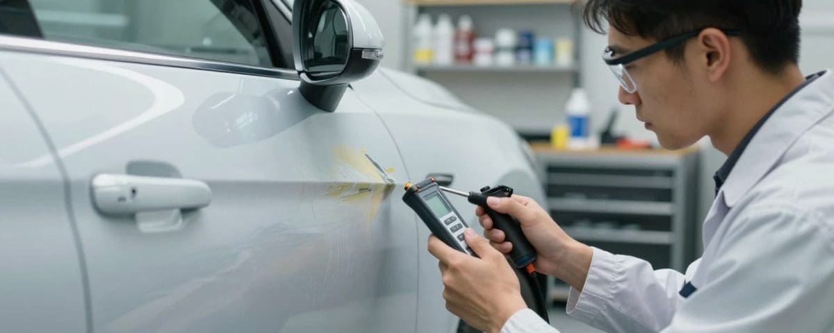 Technician assessing car paint damage with a measuring tool in an auto body repair shop, highlighting professional paint repair services offered by Miracle Body and Paint in San Antonio.