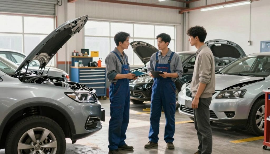 Auto body shop scene with two mechanics discussing repairs with a customer, emphasizing deductible assistance programs and customer support in vehicle repair services.
