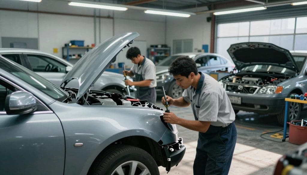 A bustling auto body shop in San Antonio, showcasing an array of vehicles in various stages of collision repair. In the foreground, a skilled technician wearing a clean work uniform is carefully inspecting a car's damaged fender, using professional tools. In the middle ground, another technician is working on a car with a partially dismantled hood, surrounded by tools and parts, indicating an active working environment. The background features a spacious workshop with bright overhead lights illuminating the workspace, casting soft shadows on the floor. The atmosphere conveys professionalism and teamwork, with a hint of urgency as repairs are in progress. The overall composition captures the essence of collision repair services in a modern San Antonio auto body shop. Auto body technicians working on a silver vehicle in a busy San Antonio auto body shop, showcasing collision repair services and vehicle restoration expertise.