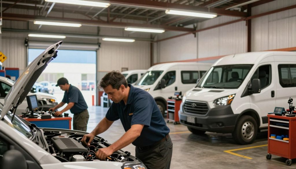 A bustling fleet auto repair shop in San Antonio, showcasing a team of experienced mechanics in professional attire, actively working on various commercial vehicles like vans and trucks. In the foreground, a mechanic is inspecting an engine under bright, overhead fluorescent lights, while another technician is using diagnostic tools nearby. In the middle ground, there are several vehicles in different repair stages, emphasizing a state-of-the-art workshop with organized tools and equipment. The background features a large, open garage with a clear blue sky visible through the windows. The scene conveys a busy, dedicated atmosphere, highlighting professionalism and reliability in fleet services, under warm, natural lighting that adds a sense of approachability and competence.