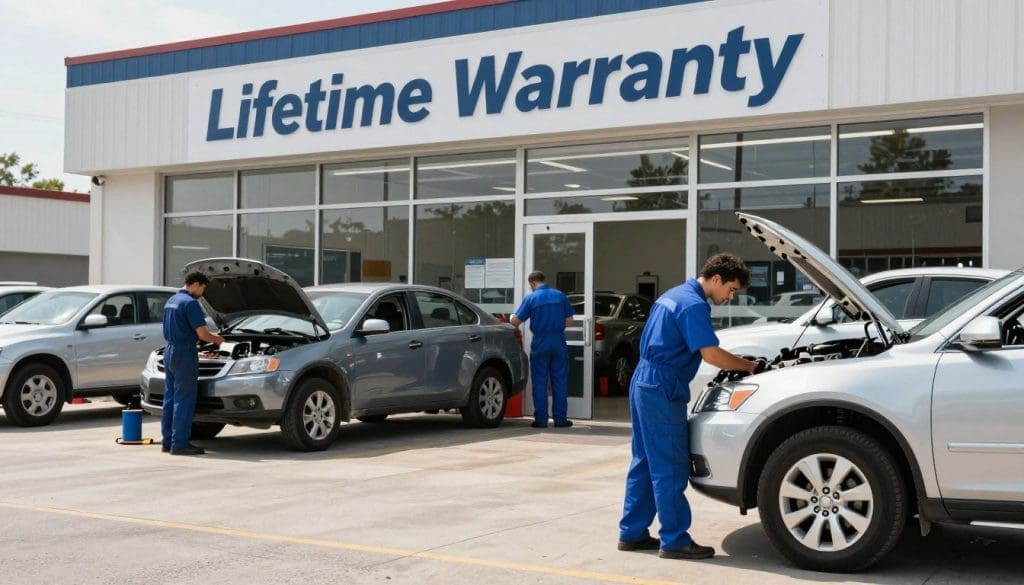 A busy auto body shop in San Antonio, showcasing a welcoming environment with a clean, modern exterior featuring large glass windows. In the foreground, a professional technician in a blue jumpsuit is inspecting a car, demonstrating attention to detail and care for quality. In the middle ground, other technicians work on various vehicles, enhancing the bustling atmosphere of a collision repair facility. The background features a large sign that reads “Lifetime Warranty” prominently displayed, emphasizing the quality of service. The lighting is bright and natural, capturing the clarity of the workshop. The overall mood is professional, efficient, and community-focused, showcasing the reliability of local auto body repair options. Auto body shop exterior with "Lifetime Warranty" sign, technicians in blue uniforms performing vehicle maintenance, showcasing a clean and professional environment in San Antonio.