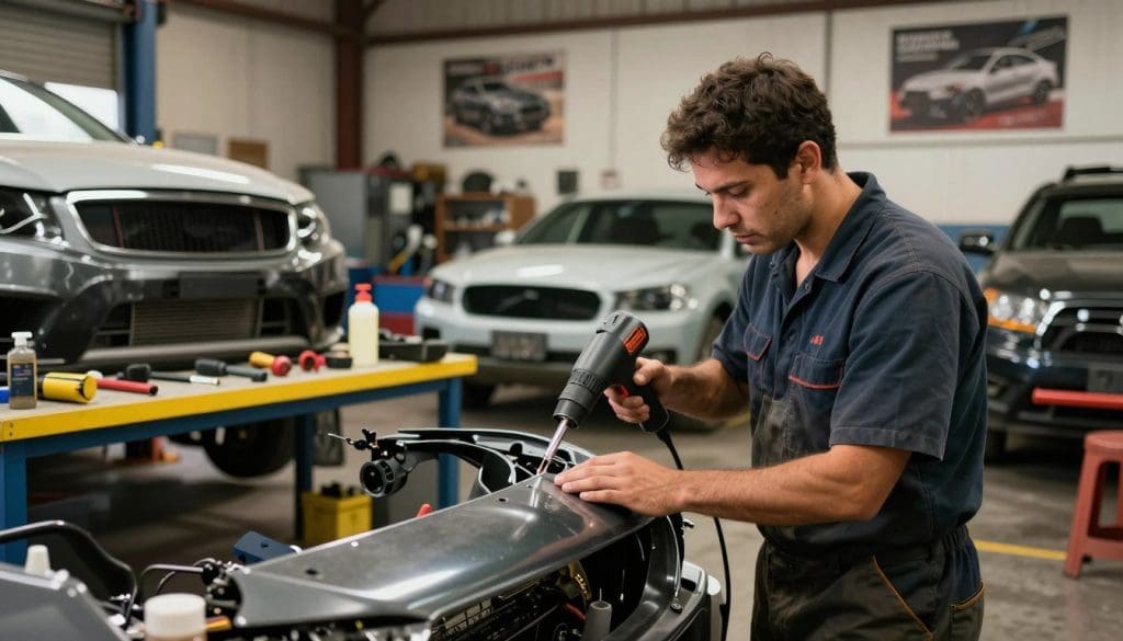 Automotive technician repairing a bumper in a busy San Antonio repair shop, surrounded by vehicles and tools, highlighting expert bumper repair services.