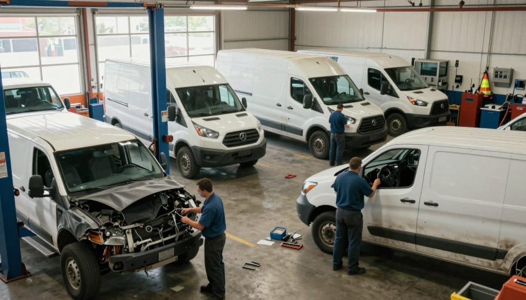 Busy fleet collision repair shop in San Antonio with technicians working on multiple commercial vans, highlighting specialized vehicle maintenance and repair services.