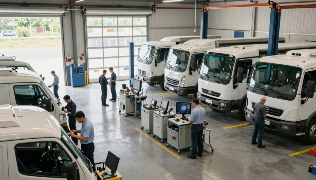Busy fleet maintenance garage with multiple commercial vehicles and technicians performing inspections and diagnostics, highlighting comprehensive repair services and DOT compliance.