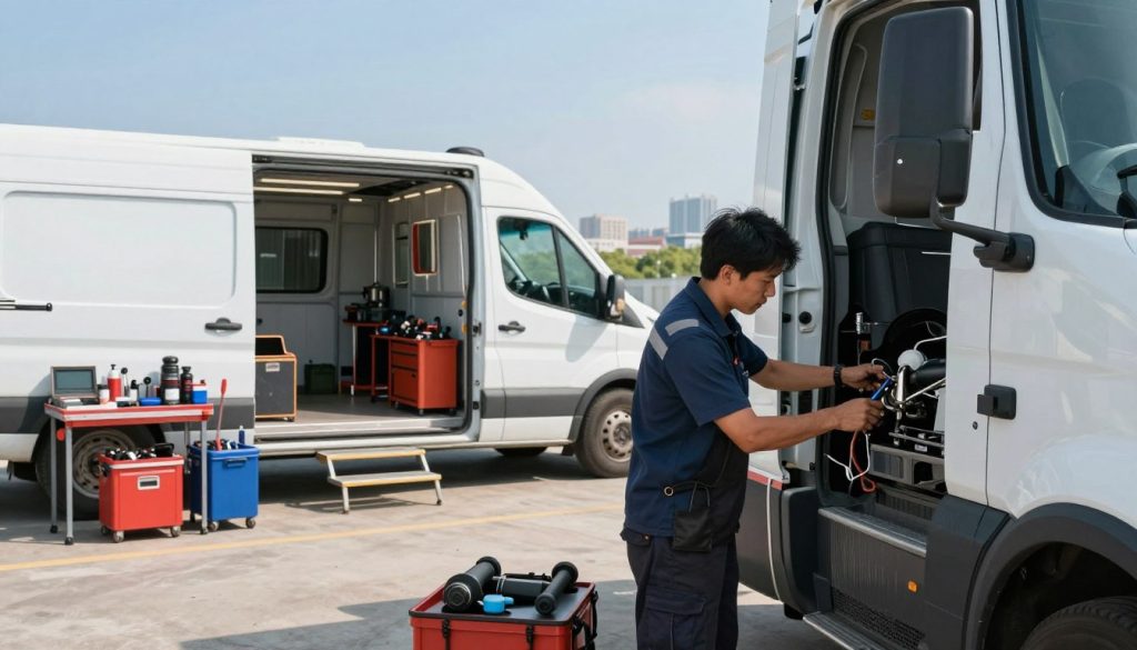 A busy mobile fleet repair scene, showcasing a technician in professional attire working diligently on a commercial vehicle, with tools and equipment organized nearby. In the foreground, the technician is focused on repairing a truck, surrounded by a well-lit environment that highlights their expertise. In the middle ground, a service van is parked nearby with its doors open, displaying various tools and parts, indicating readiness for multiple repairs. In the background, a cityscape is visible, subtly emphasizing the urgency and efficiency of mobile fleet services under a bright, blue sky. The lens captures the action from a slightly elevated angle, creating a dynamic perspective that conveys a sense of movement and productivity in minimizing downtime.