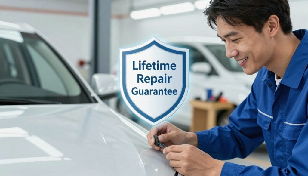 Auto body technician applying a repair sticker on a car hood with a "Lifetime Repair Guarantee" emblem, emphasizing long-term vehicle protection and quality service at Miracle Body and Paint.