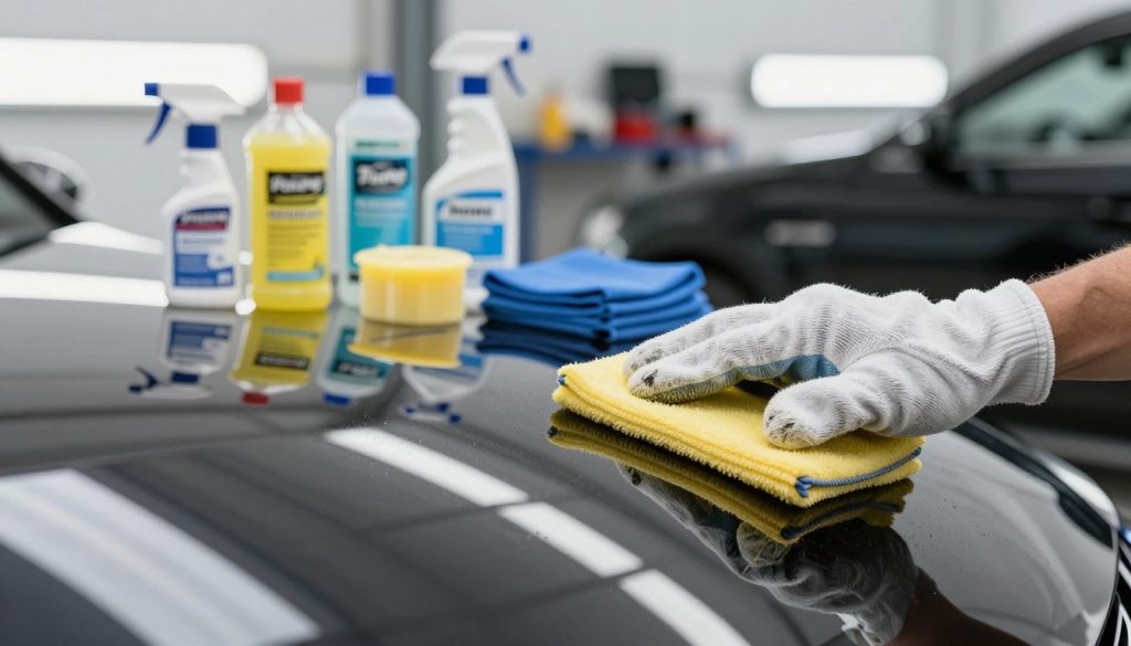 A close-up view of a car's surface being carefully polished, showcasing various vehicle maintenance tips for protecting the finish. In the foreground, there’s a hand wearing a microfiber glove applying a polish to a shiny car surface, with reflection of trees and sky visible. The middle layer includes a small collection of car care products like wax, polish, and microfiber cloths arranged neatly on a clean surface. In the background, a well-lit garage with automotive tools subtly hints at a workspace. The lighting is bright, creating a clean and professional atmosphere. The focus is sharp on the vehicle's finish, emphasizing its gleam and inviting viewers to consider maintenance for longevity.