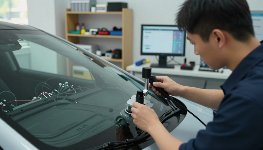 A close-up view of a detailed Advanced Driver Assistance Systems (ADAS) windshield calibration process in an automotive repair shop. In the foreground, a technician in professional attire meticulously calibrates a sensor mounted on the windshield, using specialized calibration equipment. The middle ground features a high-tech vehicle with a partially removed windshield, showcasing intricate wiring and components. The background includes shelves filled with automotive tools and a digital screen displaying calibration metrics. Soft, natural lighting filters through a nearby window, creating a focused yet inviting atmosphere. The camera angle is slightly elevated, capturing the technician's concentration while providing a comprehensive view of the calibration setup.