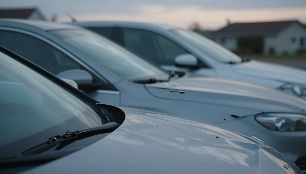 Close-up view of vehicles with visible hail damage, showcasing various dents and imperfections, relevant to hail damage repair discussions.