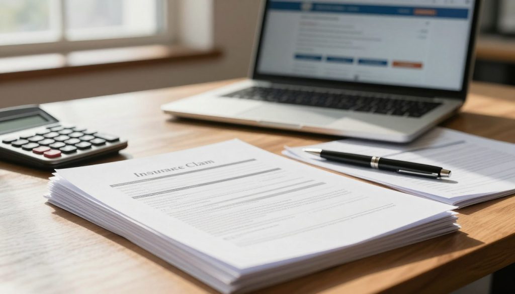 A close-up view of an organized insurance claim documentation spread across a wooden desk. The foreground features a neatly stacked pile of documents with a visible claim form and receipts, accompanied by a calculator and a pen to symbolize attention to detail. The middle of the image includes a soft light illuminating an open laptop displaying an insurance company’s website for claims management. In the background, a blurred window shows a sunny office environment, enhancing a productive atmosphere. The overall mood is professional and efficient, with warm lighting casting inviting shadows. The scene is captured from a slightly elevated angle, suggesting a perspective of someone reviewing their insurance claims process. The setting is devoid of any text, ensuring clarity and focus on the documentation itself.