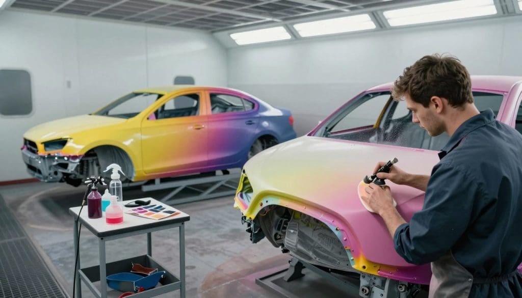 Auto body technician painting vehicle in a professional spray booth, showcasing colorful gradient on two cars, with repair tools and paint supplies visible.