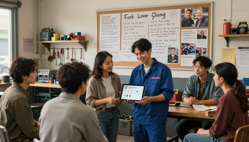 A cozy local collision center interior, populated by a diverse group of people engaged in discussions. In the foreground, a friendly mechanic in smart casual attire is showing a satisfied customer a tablet displaying positive local reviews. The middle ground features a large bulletin board filled with handwritten praise and photographs from local community members, creating a sense of trust and connection. The background reveals a well-lit workspace with tools neatly arranged, conveying professionalism. Soft, warm lighting enhances the inviting atmosphere, while a wide-angle view captures a harmonious blend of people interacting, emphasizing community and reliability. The overall mood is friendly, trustworthy, and positive, highlighting the importance of local reviews in automotive service.