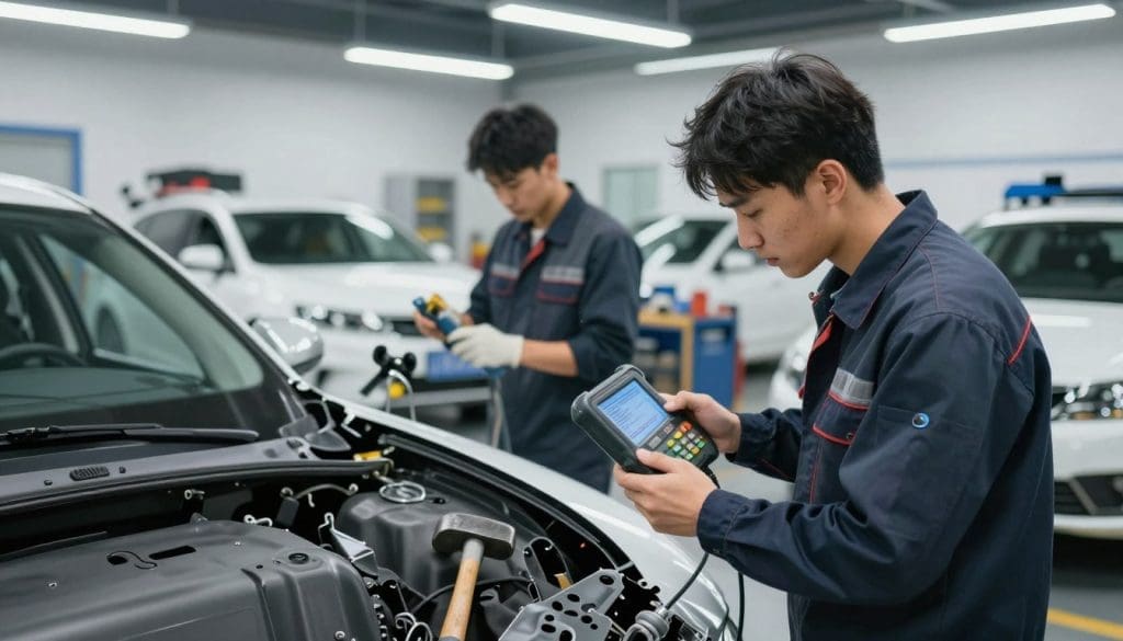 Technicians in a collision repair shop assessing vehicle diagnostics and performing repairs, emphasizing safety and quality in the restoration process.