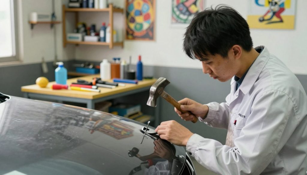 A detailed and vivid scene of a traditional dent repair process inside a well-lit auto body shop. In the foreground, a skilled technician, dressed in a clean, professional uniform, carefully examines a car hood with a dent. The technician uses metal tools and a hammer to reshape the dent from behind, demonstrating attention to detail. In the middle ground, organized workstations with various tools and equipment for dent repair can be seen, along with a bright workbench that highlights the colors of the tools. The background shows shelves filled with supplies and artwork relevant to the trade, all under warm, natural lighting that creates a focused and productive atmosphere, emphasizing craftsmanship and expertise in traditional dent repair techniques.
