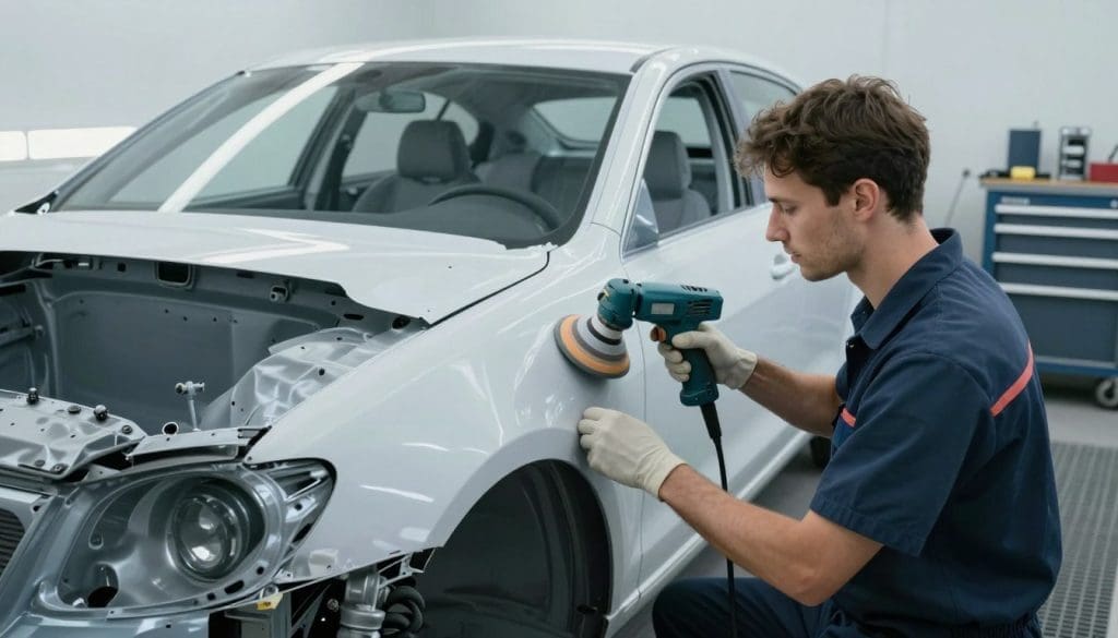 A detailed auto body repair workshop scene, featuring a skilled technician in professional work attire, methodically fixing a damaged car. In the foreground, the technician uses modern tools such as an electric sander and a paint sprayer, showcasing various auto body repair techniques. The middle ground includes a partially disassembled vehicle with visible dent repairs and fresh paint details, emphasizing the craftsmanship involved. The background shows organized tool racks and a well-lit workshop space, adding to the atmosphere of professionalism and focus. Soft, even lighting illuminates the scene, creating a clear, realistic portrayal. The angle captures both the technician and the vehicle from a slightly elevated perspective, enhancing the depth and showcasing the intricate details of the repair process. Skilled technician performing auto body repair with a polishing tool on a white vehicle, showcasing precision craftsmanship and attention to detail in a professional workshop setting.