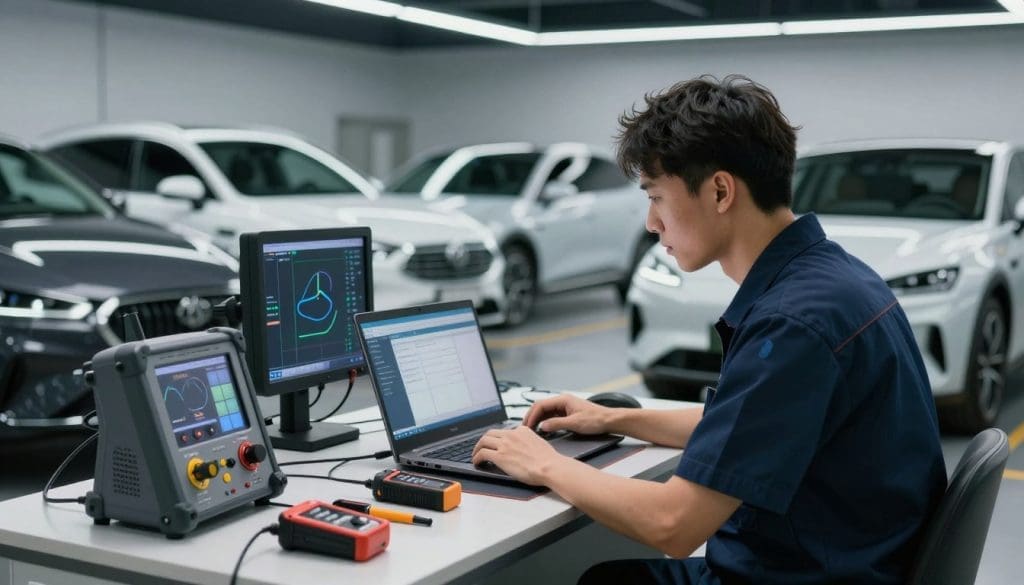 A detailed automotive calibration workshop featuring a technician in professional attire, meticulously examining a modern vehicle equipped with advanced driver-assistance systems (ADAS). In the foreground, include diagnostic tools and calibration equipment like targets and measurement devices. The middle ground reveals the technician, focused, with a laptop displaying calibration software. The background highlights a variety of vehicles under soft overhead lighting, enhancing a serious yet organized atmosphere. Use a slightly angled perspective to create depth, emphasizing the high-tech environment. Soft, diffused lighting casts gentle shadows, evoking a professional and efficient calibration process at Miracle Body and Paint.