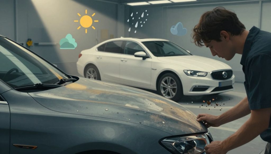 A detailed illustration depicting the various factors influencing auto paint condition. In the foreground, showcase a close-up of a car's surface showing signs of wear, such as scratches and faded paint, adorned with water droplets to symbolize weather effects. The middle layer features a well-maintained car under a spotlight, contrasting with the damaged examples. Include a variety of environmental factors like UV rays, acid rain, and road debris illustrated artistically as icons or shadows around the car. In the background, a serene garage setting with soft, ambient lighting suggests a professional work environment. The overall mood should convey professionalism and concern for vehicle maintenance, evoking a sense of care and attention to detail. Use a slightly angled view to add depth to the scene.