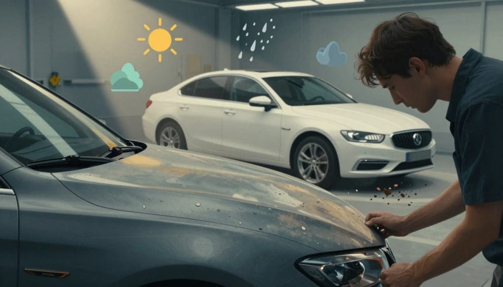 A detailed illustration depicting the various factors influencing auto paint condition. In the foreground, showcase a close-up of a car's surface showing signs of wear, such as scratches and faded paint, adorned with water droplets to symbolize weather effects. The middle layer features a well-maintained car under a spotlight, contrasting with the damaged examples. Include a variety of environmental factors like UV rays, acid rain, and road debris illustrated artistically as icons or shadows around the car. In the background, a serene garage setting with soft, ambient lighting suggests a professional work environment. The overall mood should convey professionalism and concern for vehicle maintenance, evoking a sense of care and attention to detail. Use a slightly angled view to add depth to the scene.