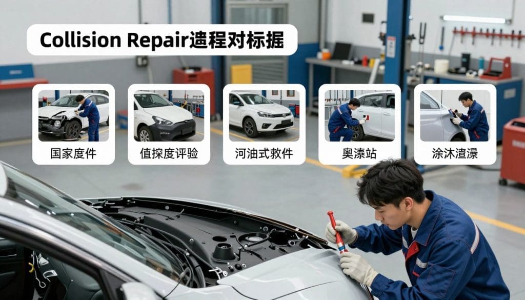 Collision repair process illustration featuring a technician assessing vehicle damage, tools, and vehicles in a professional auto body shop setting, highlighting steps in collision repair and restoration.
