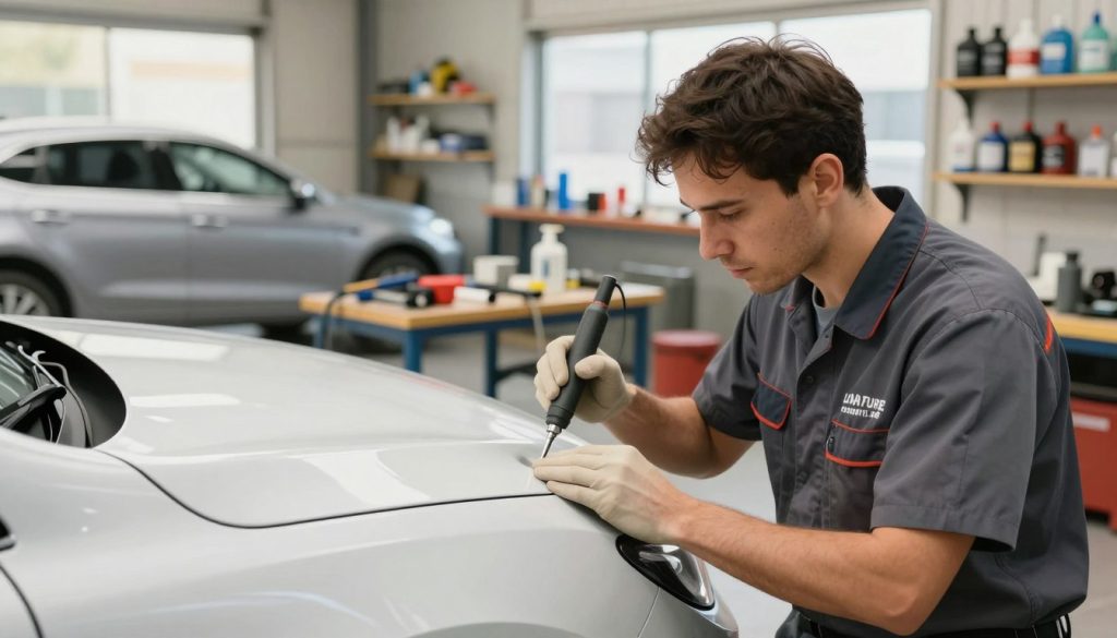 A detailed illustration of the paintless dent repair process in a garage setting. In the foreground, a professional technician, dressed in a neat, branded uniform, carefully uses specialized tools on a car's surface to gently massage a dent out. The middle ground features a well-lit, organized workspace with various tools and a partially repaired vehicle showing before and after zones to highlight the effectiveness of the process. The background showcases shelves filled with repair supplies and a large window allowing natural light to filter in, enhancing the warm and professional atmosphere. The image captures a clear angle that showcases the technician's focused expression and the precision of the tools, conveying a mood of expertise and satisfaction in the automotive repair field.
