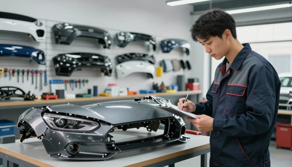 Auto repair technician inspecting a car bumper in a modern shop, with various bumpers displayed on the wall and tools organized on a workbench, emphasizing professional assessment for bumper repair options.