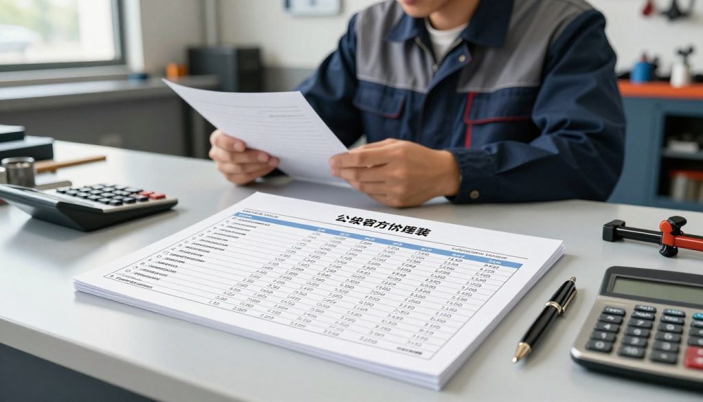 A detailed labor and parts estimate sheet displayed prominently on a clean, modern work desk. In the foreground, focus on the estimate sheet with clear itemized lists of parts, labor hours, and costs, neatly arranged with a calculator and a stylish pen beside it. In the middle ground, show a mechanic in professional attire, reviewing the document with a thoughtful expression, emphasizing expertise and trust. Behind them, a well-lit automotive workshop backdrop featuring tools and equipment, subtly suggesting a professional environment. Natural daylight filters in through a window, creating a warm, inviting atmosphere that conveys clarity and understanding. The composition should emphasize professionalism and transparency in collision repair costs, avoiding any clutter or distractions.