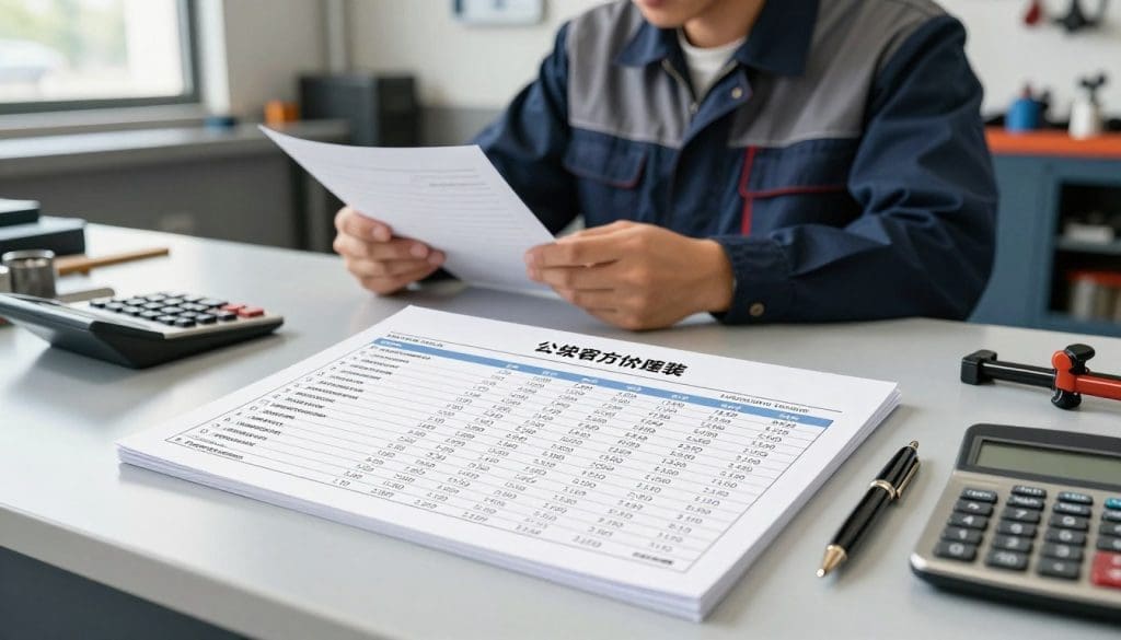 Detailed labor and parts estimate sheet on a modern work desk, with a technician reviewing repair costs for collision services, calculator and tools nearby, reflecting the complexities of vehicle repair expenses.