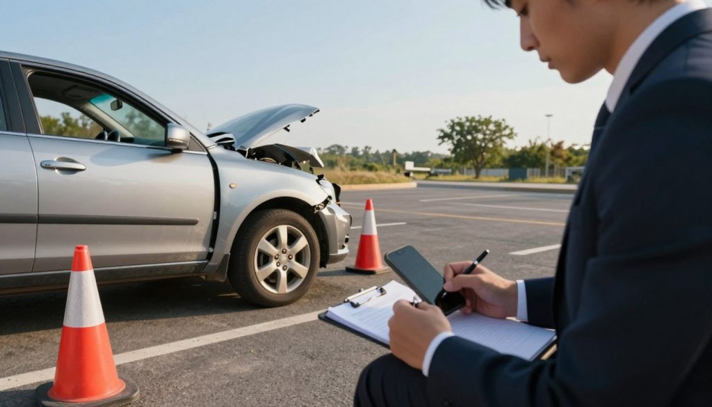 A detailed scene capturing the process of documenting an auto accident. In the foreground, a professional-looking individual in a business suit is taking notes on a clipboard, with a smartphone in hand, focusing on the damaged vehicle. In the middle, a partially crumpled car, showcasing visible dents and scratches, is parked on the side of a road, with a few safety cones placed around it. In the background, a clear blue sky and a few distant trees create a calm atmosphere, while soft, warm sunlight casts gentle shadows. The image is framed from a slightly elevated angle to give a comprehensive view, emphasizing the importance of careful documentation. The mood is serious yet methodical, reflecting the significance of accurate reporting in such circumstances.