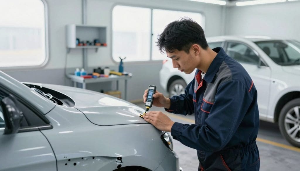 A detailed scene of an auto body repair process inside a well-lit auto body shop. In the foreground, a skilled technician in a professional mechanic's uniform is carefully inspecting a vehicle's damaged panel, using a digital measuring tool. The middle ground features a variety of tools and equipment, including a spray booth and working lifts, illustrating an organized workspace. Bright, natural lighting streams through large windows, creating an inviting atmosphere. In the background, additional vehicles waiting for repair are visible. The mood is focused and professional, emphasizing the precision and expertise involved in auto body work. The scene captures the essence of auto repairs in a clean and safe environment.